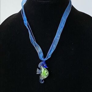 Sea Horse Art Glass Necklace Artisan 17.5”+1.5”